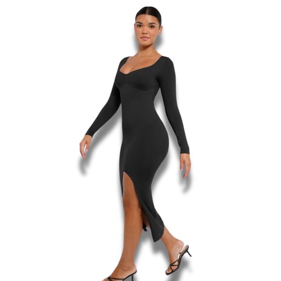 BodyFlexx Dresses & Skirts - Long Sleeve Built-In Shapewear Midi Dress With High Slit